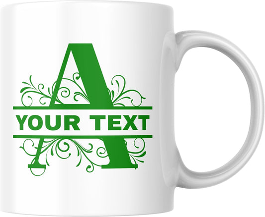 Customizable 11oz Coffee Mug - Sublimated Printed Mugs with Personalized Text, Names, and Initials. Perfect as Gifts for Men and Women for Birthdays (White Mug) (Monogram Green)
