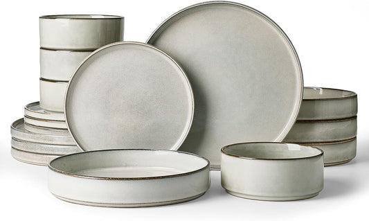 Famiware Annecy Plates and Bowls Sets, Service for 4 (16 Pieces), Dinnerware Sets with Pasta Bowls, Microwave and Dishwasher Safe Dishes Set, Chip and Scratch Resistant, Grey-White