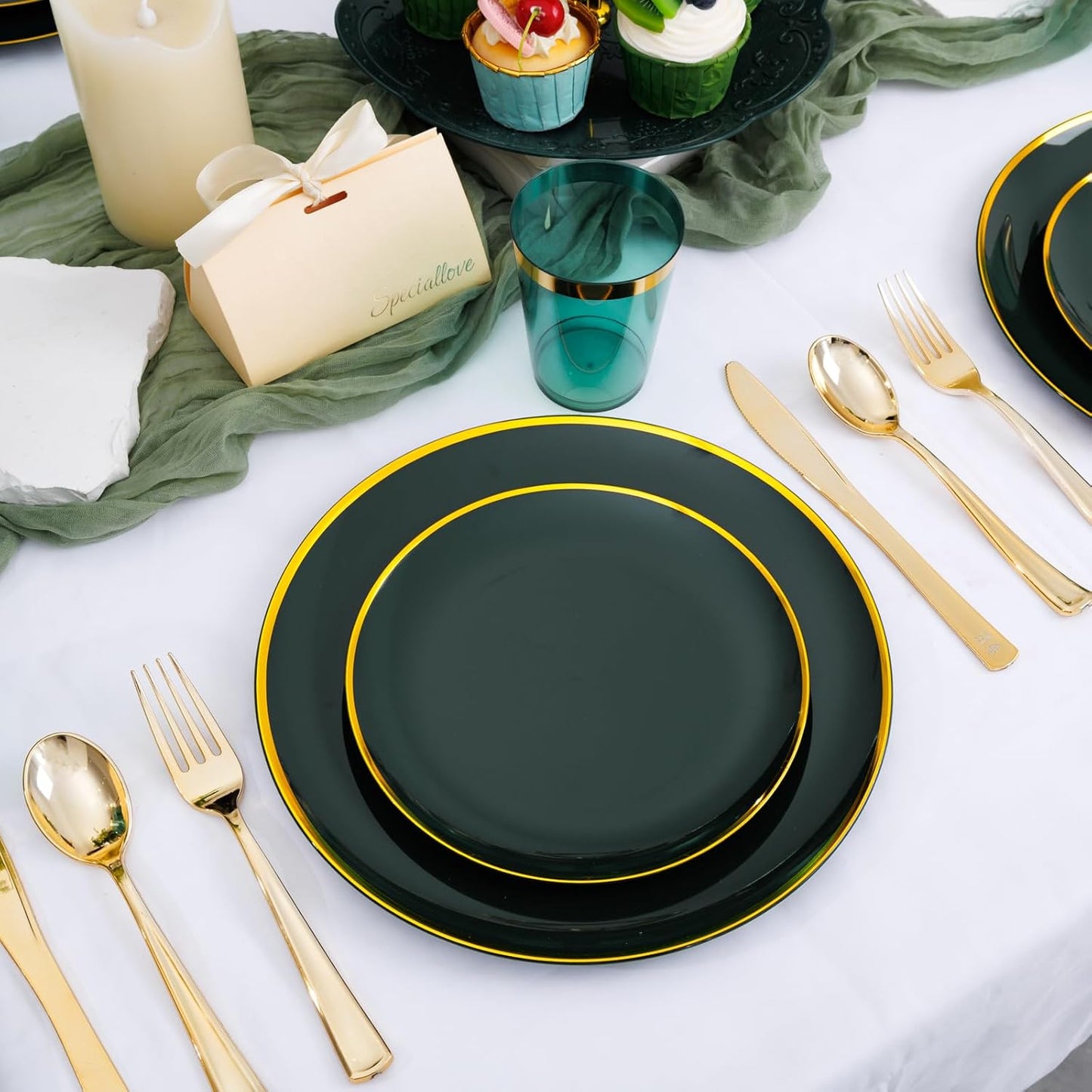 LIYH 180 Pcs Green and Gold Plastic Christmas Plates - Disposable Christmas Dinnerware sets, Green Dinner Dessert Plates, Gold Plastic Silverware Cups for Holiday, Party