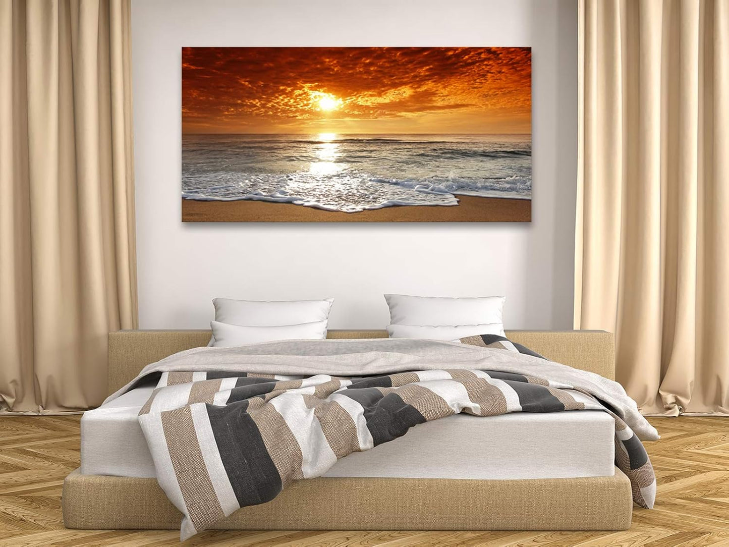 Muolunna S04675 Canvas Prints Wall Art Sunset Ocean Beach Pictures Paintings for Living Room Bedroom Home Decorations Framed Ready to Hang Seascape Waves Artwork 30x60inch