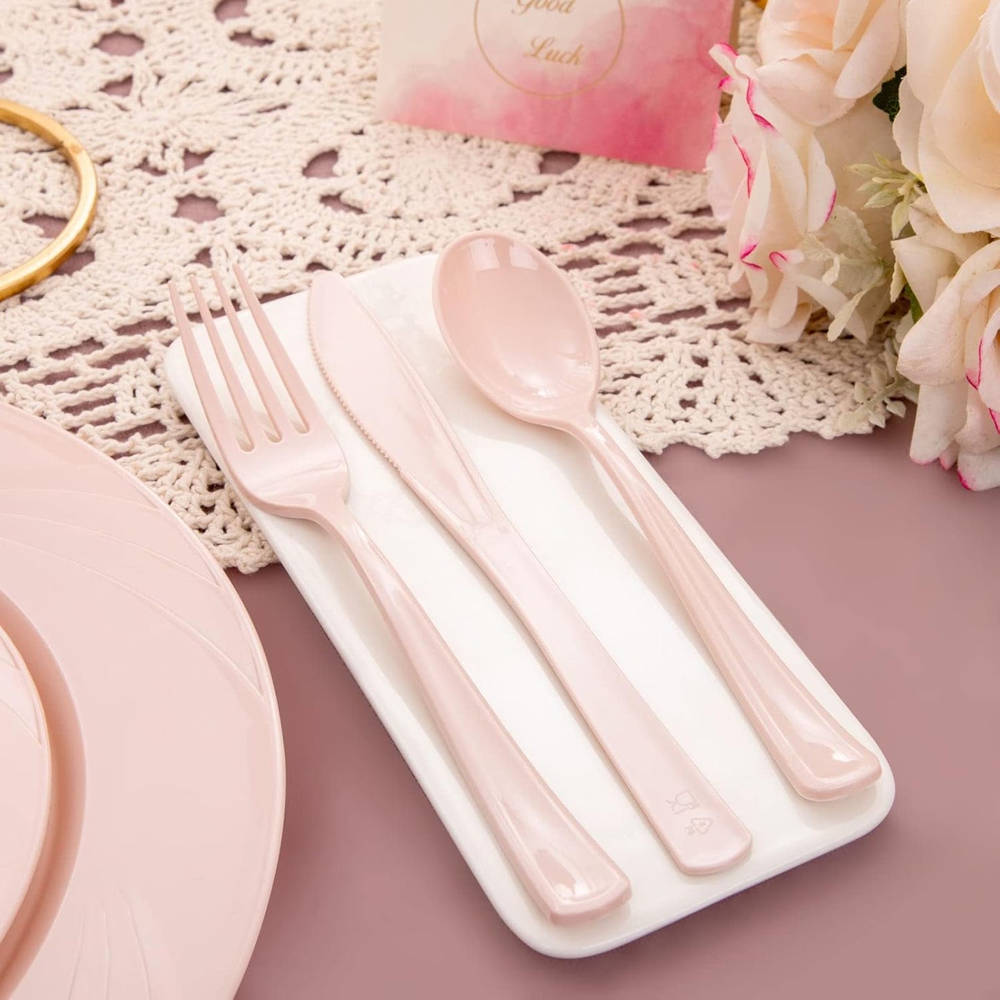 YOUBET 125PCS Pink Plastic Plates - Light Pink Birthday Plates Include 25 Dinner Plate, 25 Dessert Plate, 75 Silverware for Baby Shower & Birthday Parties