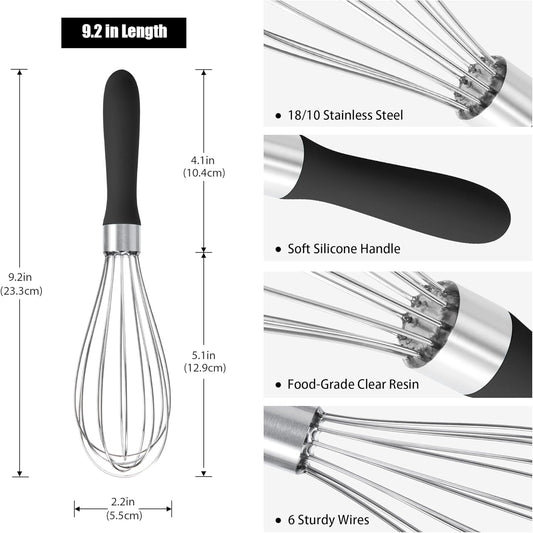 18/8 Stainless Steel Balloon Whisk, Doosu Kitchen Whisk for Cooking Handheld Egg Beater with Rust-Proof Sturdy Wires & Non-Slip Silicone Handle for Beating, Stirring, Blending (6 Wires, Black)