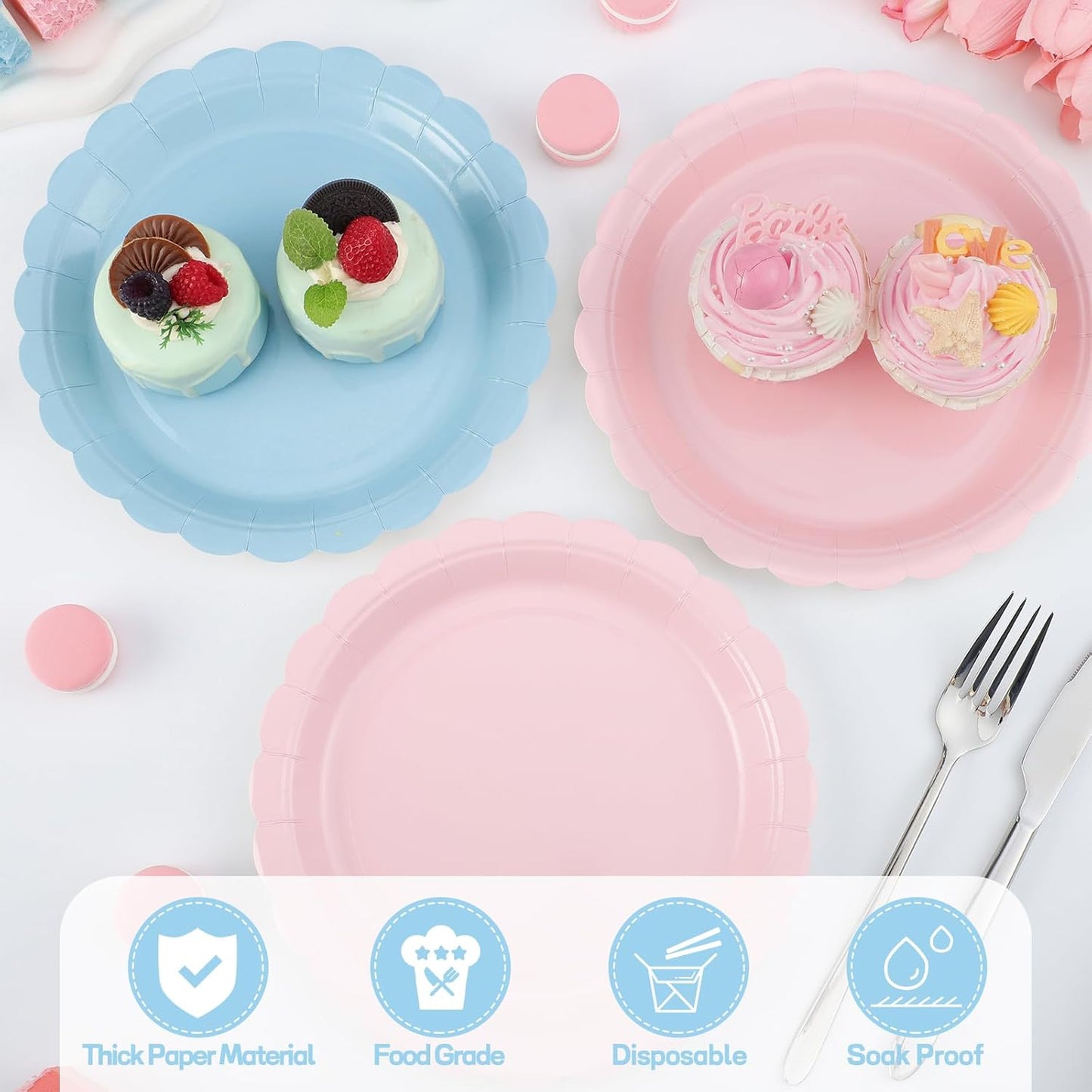 30 Pcs Gender Reveal Plates 9 Inch Disposable Scalloped Pink and Blue Plates Cute Dessert Cake Dinner Plate for Baby Shower, 1st Birthday