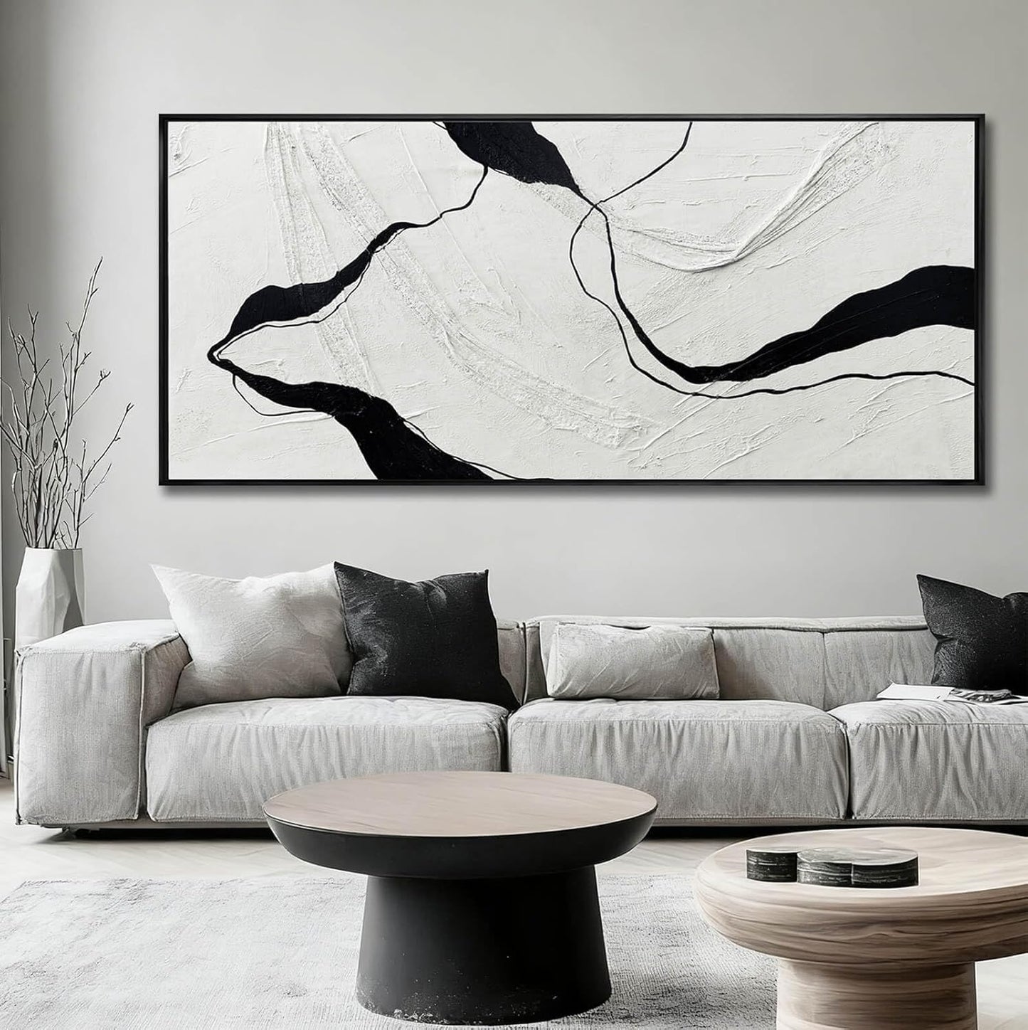 MLART99 Abstract Black and White Textured Canvas Minimalist Wall Art Modern Monochrome Painting - 32x70 Inch Contemporary Decor for Living Room Entryway