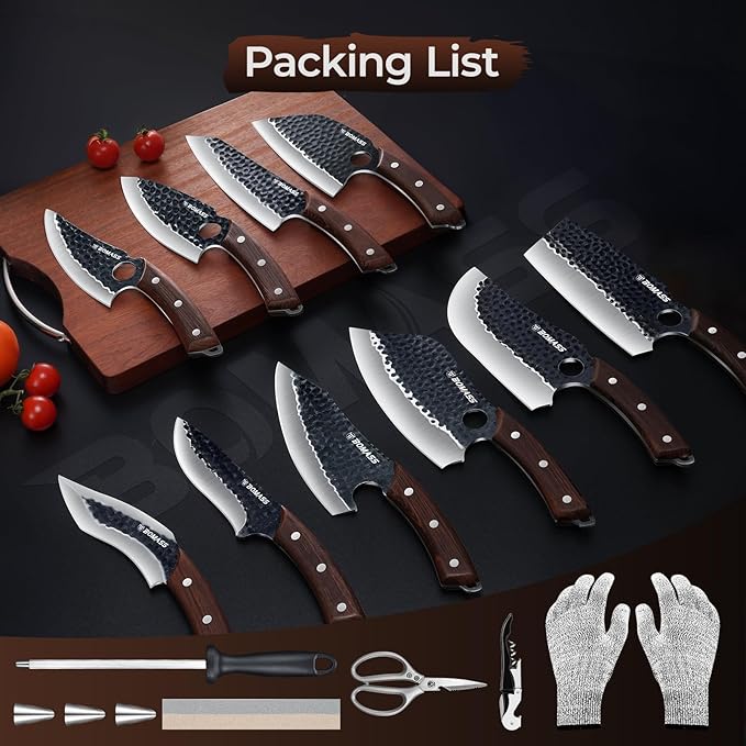Meat Cleaver Butcher Knife Set of 17Pcs, Hand Forged Kitchen Knives Set, High Carbon Steel Chef Knife Set with bag & 6 Accessories, Boning Knives for Meat Cutting, Outdoor Cooking BBQ Camping Gift