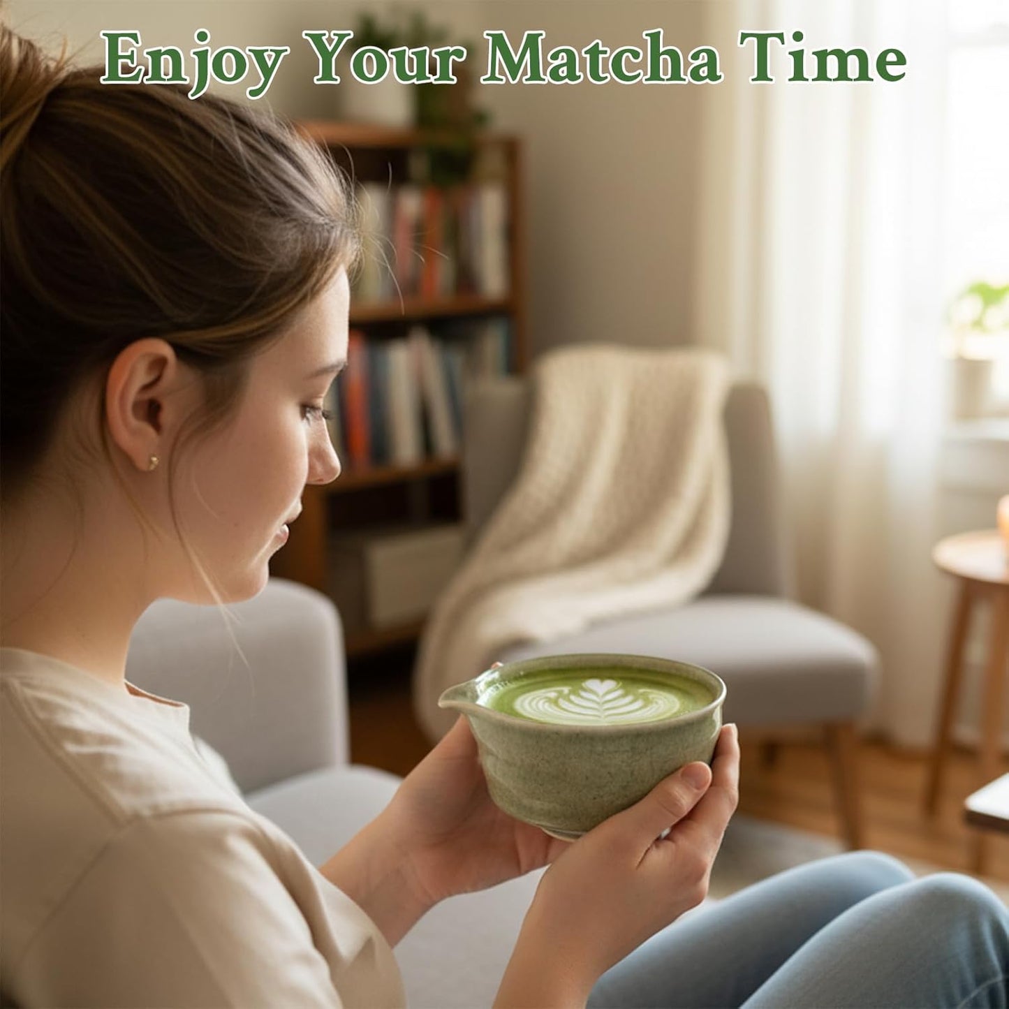 Matcha Whisk Set - Ceramic Matcha Set Includes Matcha Bowl, Whisk and Holder, Bamboo Scoop, Scoop Rest, Sifter and Tea Towel - 7 Pcs Ceremonial Gift Kit for Matcha Lovers (Pure Green)