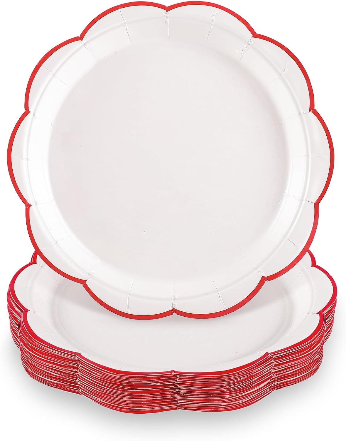 30 Pcs Christmas Paper Plates, 7 Inch White Plates with Red Trim Cute White Scalloped Paper Plate Disposable for Christmas, Baby Shower, Wedding, Bridal Shower