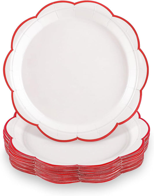 30 Pcs Christmas Paper Plates, 7 Inch White Plates with Red Trim Cute White Scalloped Paper Plate Disposable for Christmas, Baby Shower, Wedding, Bridal Shower