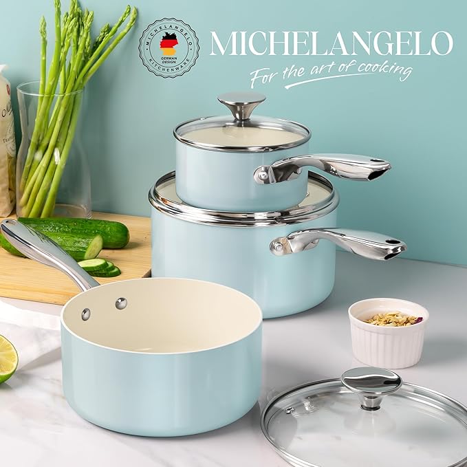 MICHELANGELO Sauce Pan with Lid, Non Stick Saucepan Set of 3-1Qt & 2Qt & 3Qt Small Pots for Cooking, Ceramic Saucepan - Non-Toxic, Scratch-Resistant, Oven Safe, Light Blue