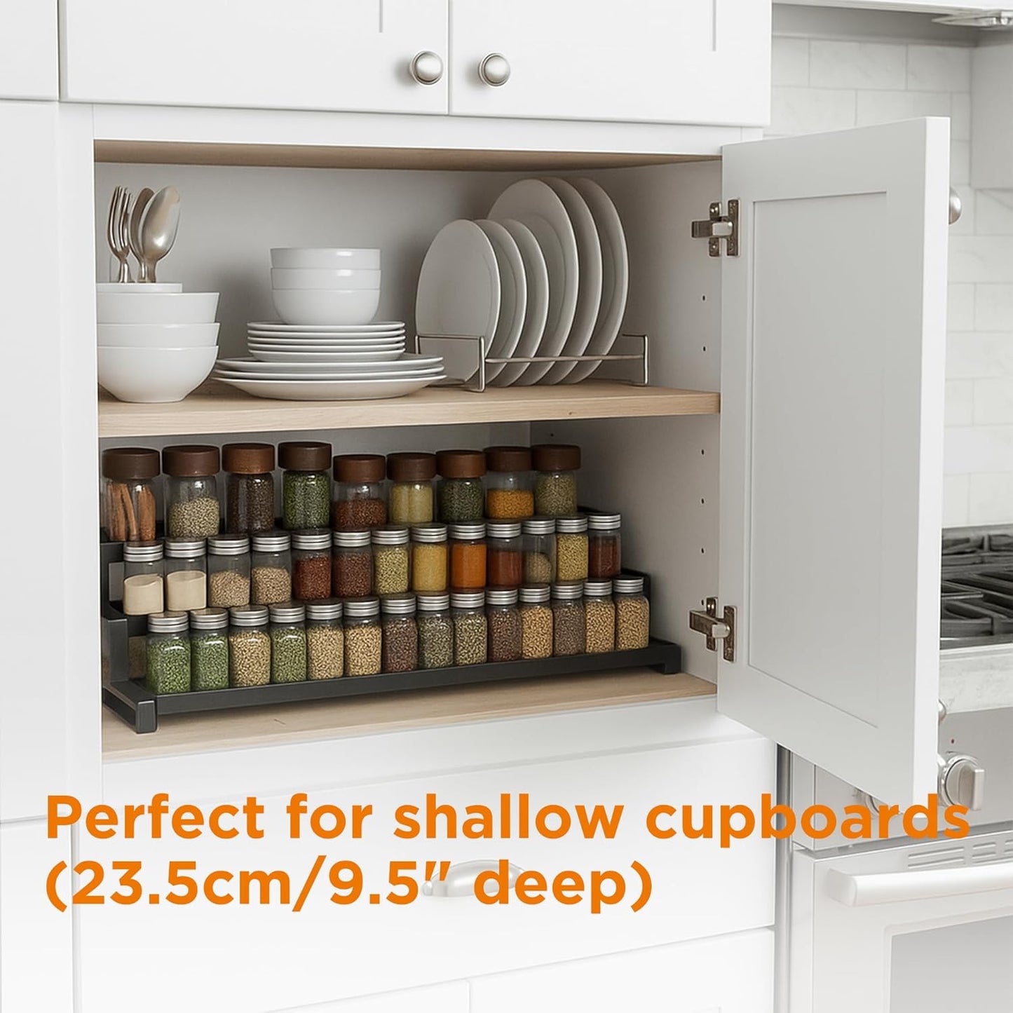 3-Tier Spice Rack Organizer for Kitchen Cabinet or Pantry, 16"-29" Expandable Spice Organization Shelf, Seasoning Organizer, Metal Display Shelf, Slip-Resistant Design for Jars and Bottles, Black