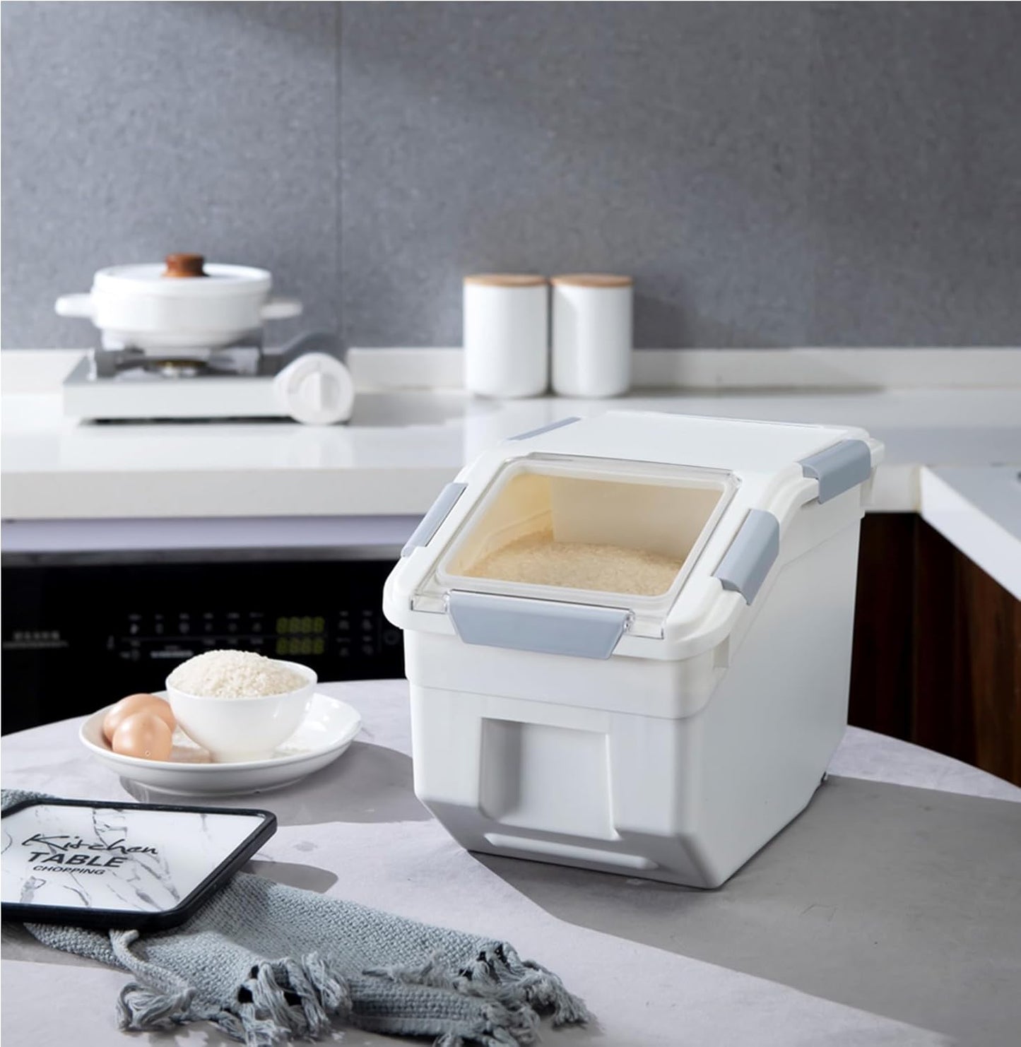 HANAMYA 10 Liter / 20 lbs Rice Storage Container with Measuring Cup, BPA free, For Rice | Grain | Pet Food | Flour, 1 count, White