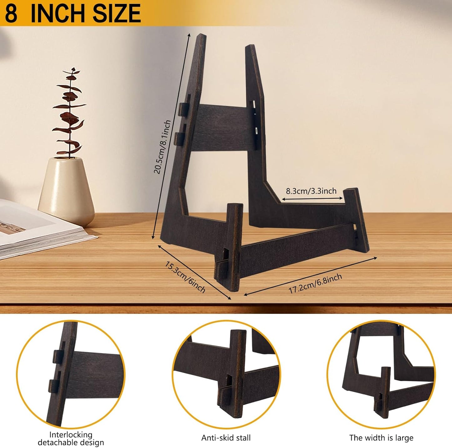 2 Pack 8 Inch Wooden Plate Stands for Display - Plate & Picture Frame Holder for Books, Photos, Plaque, Bowl | Tabletop Decorative Stand