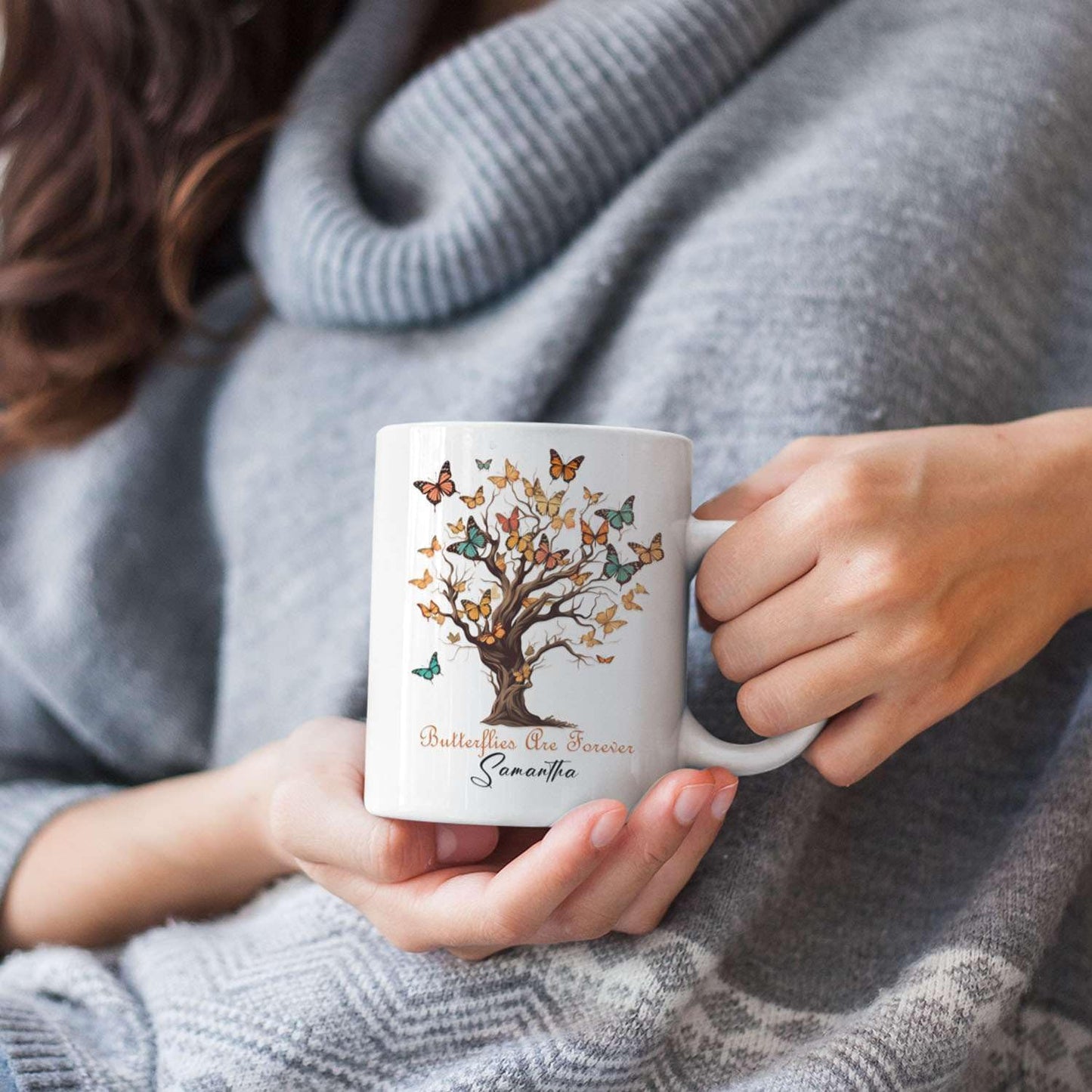 Personalized Name On Butterflies Are Forever Travel Cups, Custom Unique Butterfly Ceramic Tea Mugs, Customized Meaningful Animal Coffee Cups For Friends On Occasions 11oz 15oz