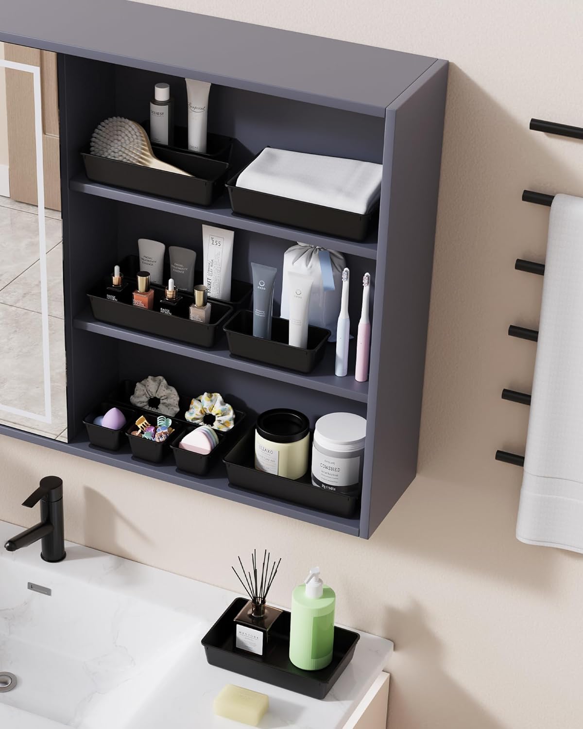 25 PCS Plastic Drawer Organizers Set, 4-Sizes Vanity and Makeup Organizer, Desk and bathroom Drawer Organizer Trays, Organizers and Storage for Makeup, Jewelry, Gadgets, Utensils (Black)