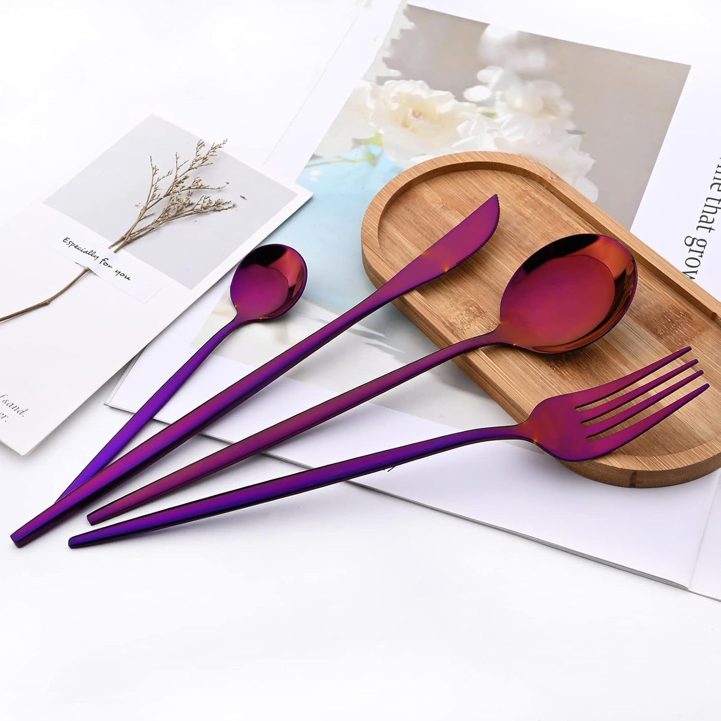 24-Piece Mirror Purple Polished Flatware, 18/0 Stainless Steel Dinnerware Set Include Knife Fork Spoon Teaspoon Cutlery Set For Home Restaurant and Party Service For 6, Dishwasher Safe