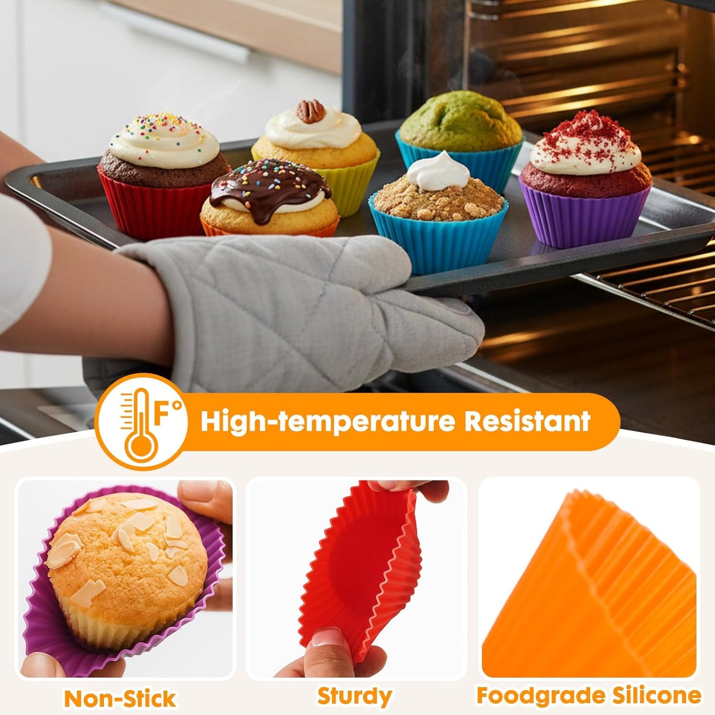 24 Pack Reusable Silicone Cupcake Baking Cups, 2.96 inch Multicolor Cups, Non-stick Muffin Liners for Weddings, Birthday, Party Halloween Christmas