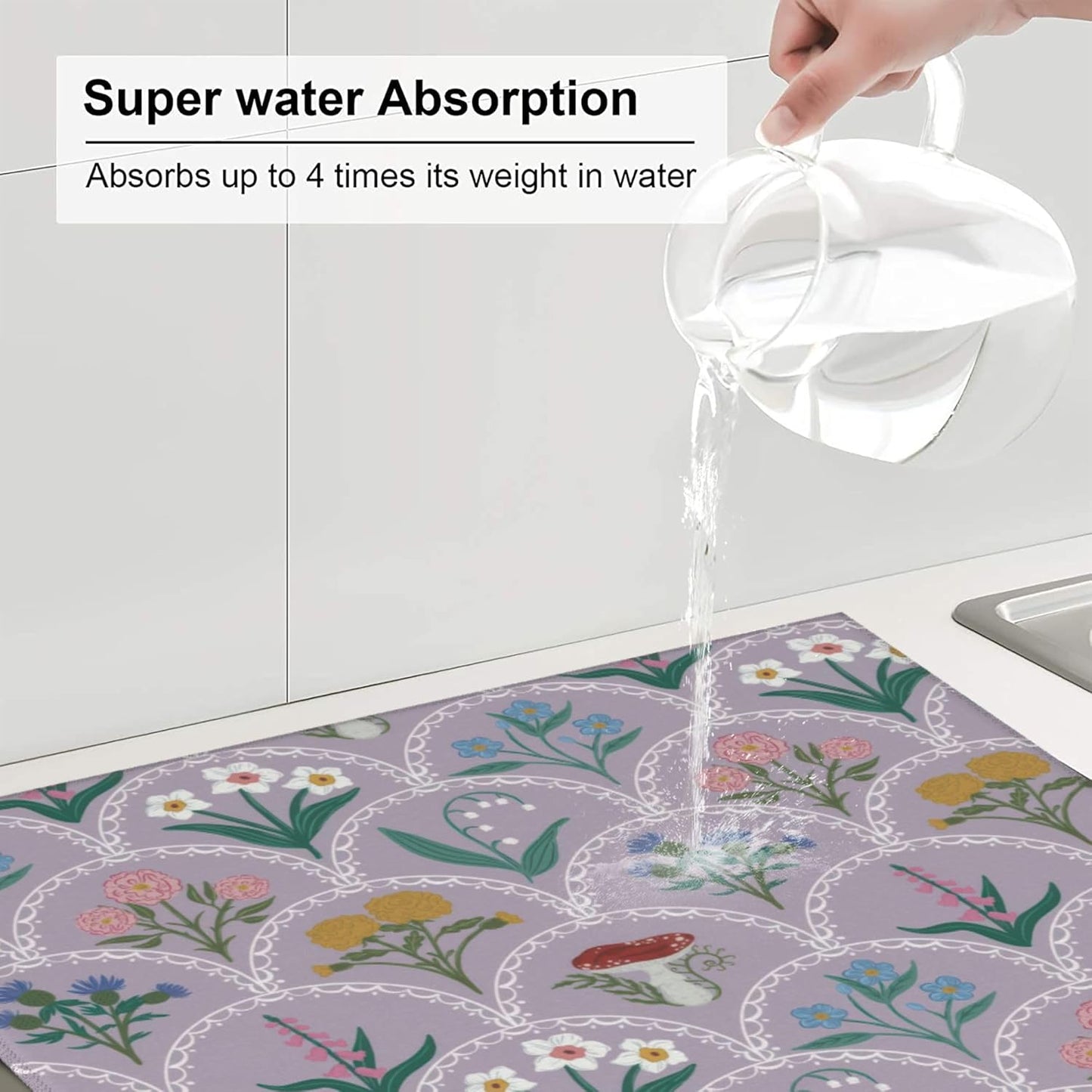 Vintage Flowers Dish Drying Mat 16x18 Inch, Microfiber Absorbent Fast Dry Mat Mushroom Floral Large Dish Mat Drying Kitchen Mat, Kitchen Drying Pad for Kitchen Counter Coffee Bar Decor Gifts