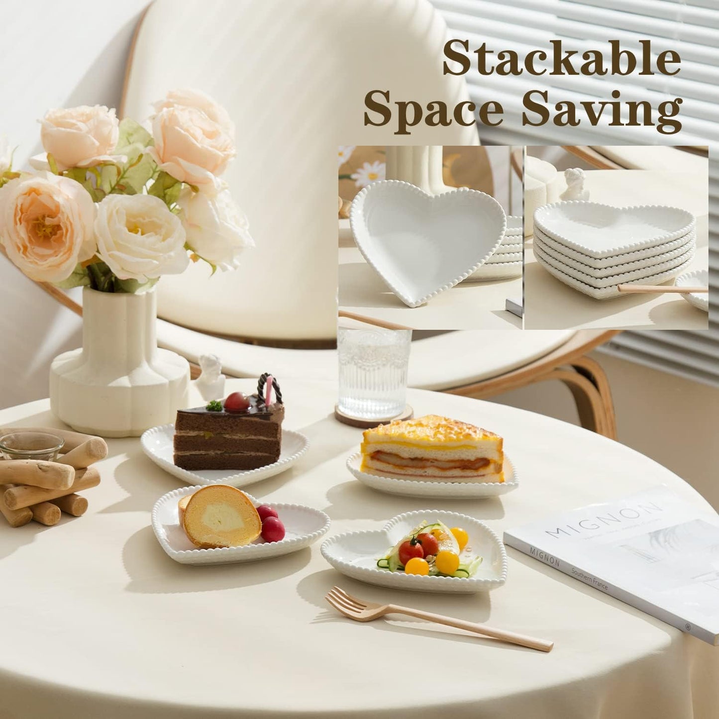 6.3 Inch Porcelain Appetizer Plates Set of 10, Heart Shape Small Dinner Plates, White Dessert Salad Plates Serving Dishes for Cake, Snack, Ice Cream, Waffles, Microwave, Oven, Dishwasher Safe