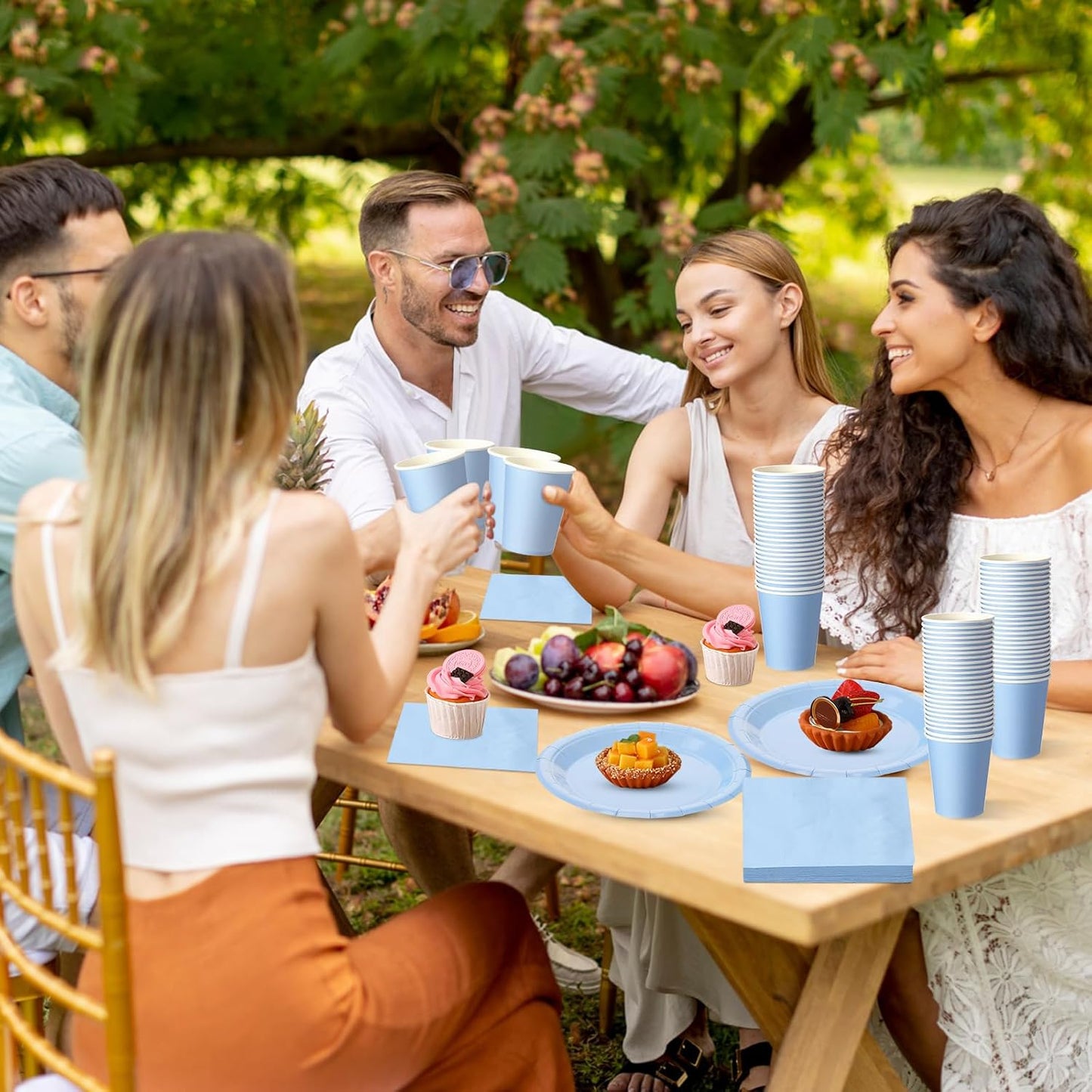 Tioncy 200 Pcs Disposable Paper Plates Cups and Napkins Party Supplies Serve 50 Guests Disposable Paper Dinnerware Set for Halloween Birthday Wedding Baby Shower Family Picnic(Blue)