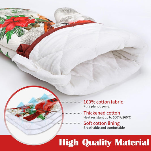 Christmas Cardinal Oven Mitts and Pot Holders Sets 4Pcs, 100% Cotton Heat Resistant, Extra Long Oven Gloves Potholder for Kitchen Cooking Baking Decoration