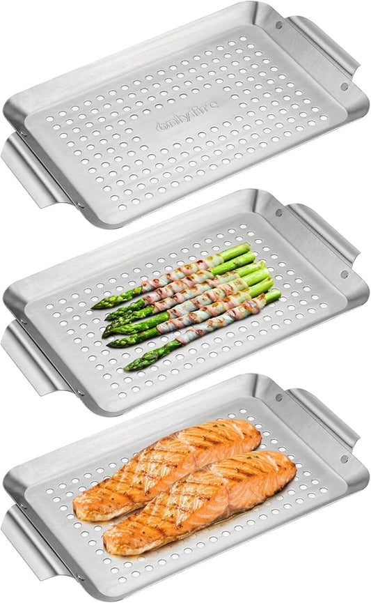 Onlyfire 3 Packs Rectangle Grill Baskets, Stainless Steel Vegetable Baskets, Mini Grilling Basket Set, Grill Pan for Outdoor Grill