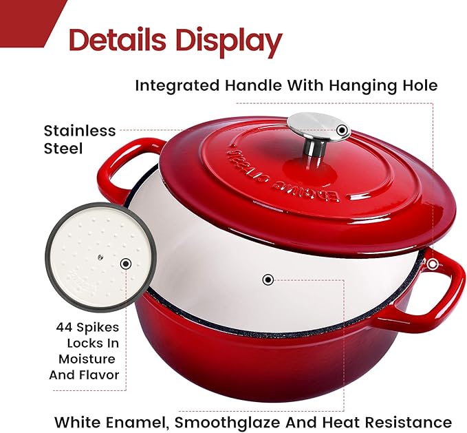 Enameled Cast Iron Dutch Oven, 5.5 Quart, Round Dutch Ovens Pot with Dual Handle for Bread Baking, Dutch Ovens with Lid, Bread Oven, Red
