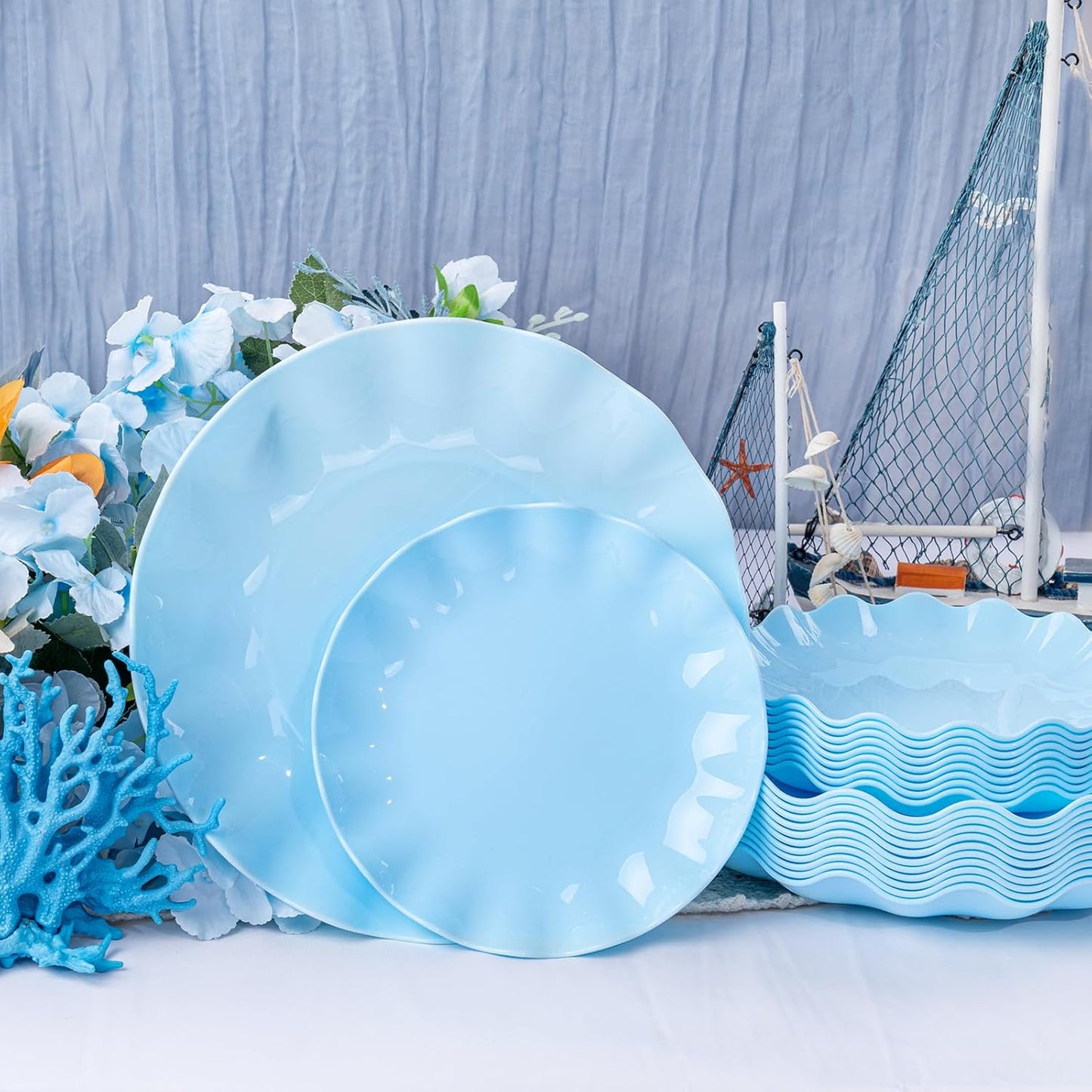 LIYH 24 Pcs Blue Plastic Plates Reusable - Unbreakable Light Blue Scalloped Plates, Dishwasher Safe Camping Plate for Parties, Birthday, Picnics, BPA Free (12Guests)