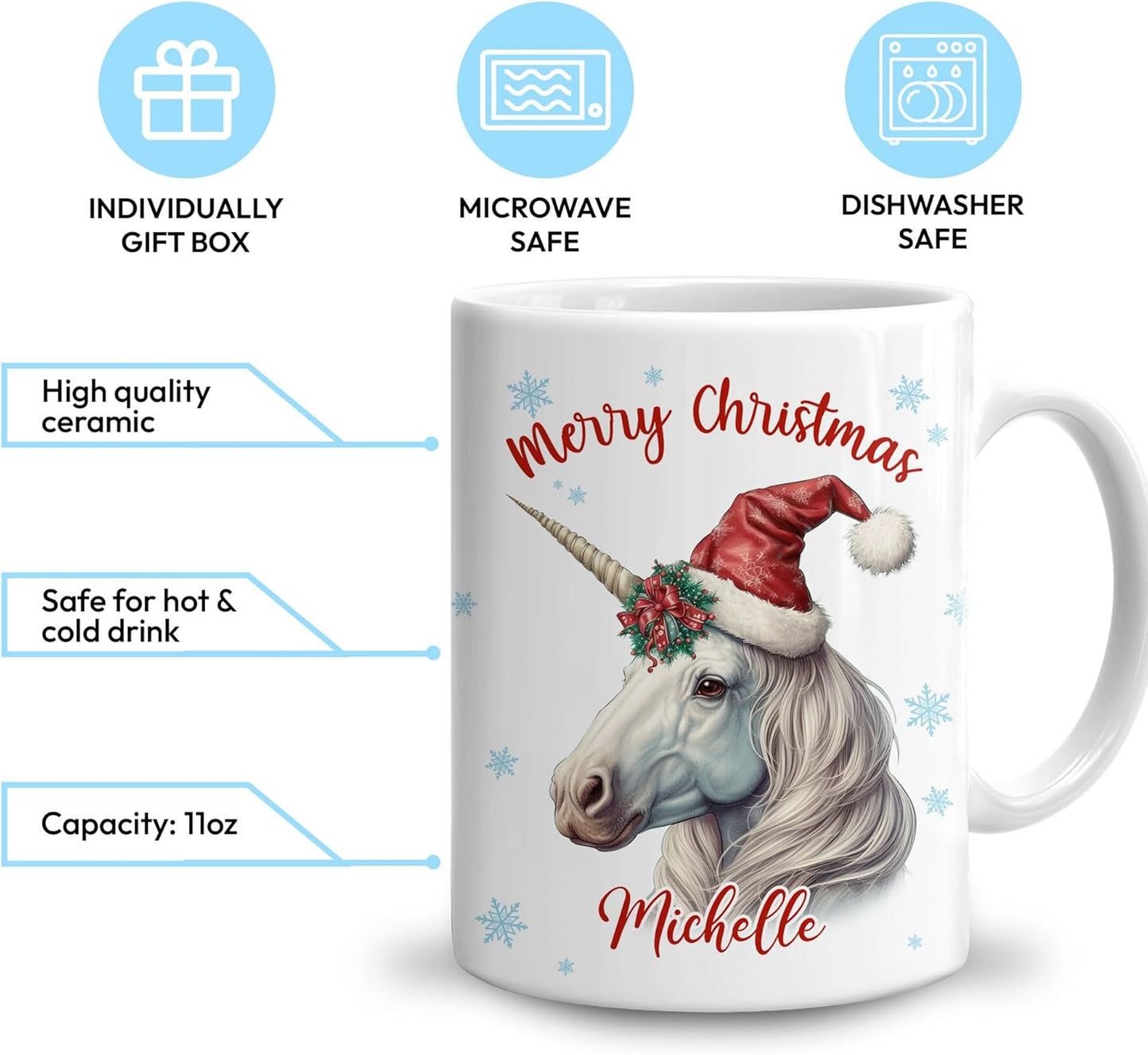 Hyturtle Personalized Gifts Unicorn Lover - Unicorn Wearing Santa Hat Custom Name Ceramic Coffee Mug Cup 11oz - Cute Animal Lovers Gifts For Women, Girl kids Family On Birthday, Christmas