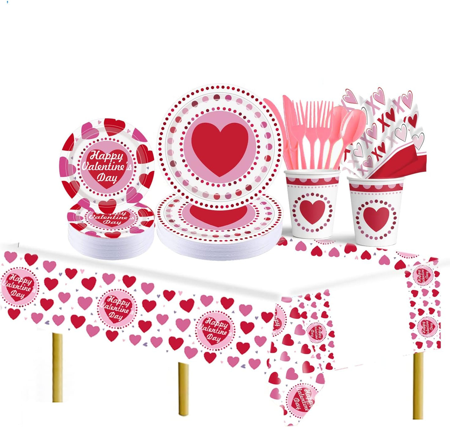 2025 Valentines Day Paper Plate Tableware Set - 177 pcs Heart and Love Disposable Dinnerware with 2 Tablecloth - Red Paper Plates Napkins Cups for Valentines Day Kids School Office Party Supply