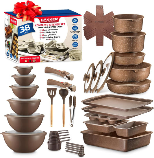 Bakken Master 38 Piece Granite Cookware and Bakeware Set – Nonstick Granite Coating, Pots and Pans with Detachable Handles and Tempered Glass Lids, 6-piece Bakeware set, 12-piece Mixing Bowls,Brown
