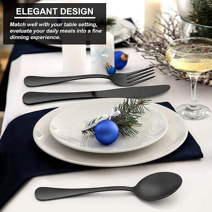 LIANYU 20 Piece Matte Black Silverware Set, Stainless Steel Black Flatware Cutlery Set for 4, Fancy Kitchen Utensil Tableware for Home Restaurant Party, Satin Finish, Dishwasher Safe