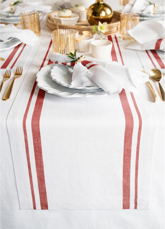 Solino Home Linen Table Runner 108 Inches Long - French Stripe, 100% Pure Linen Red and White Farmhouse Table Runner 16 x 108 Inch Ideal for Dining