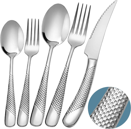 Runfly 20 Piece Hammered Silverware Set, 18/10 Stainless Steel Flatware Set, Modern Kitchen Utensil Set Service for 4, Tableware Set, Cutlery Set Including Fork Spoon and Knife