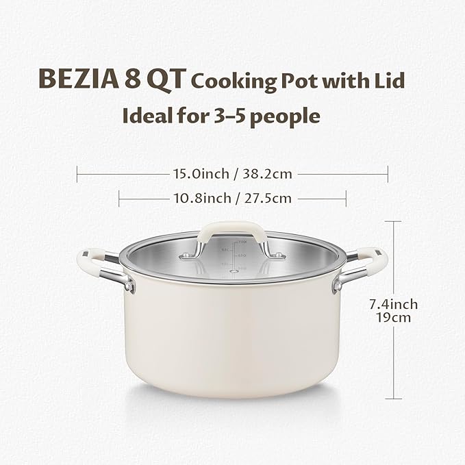8 Quart Pot with Lid, BEZIA Tri-Ply Stainless Steel Stock Pots, Large Cooking Pots with Silicone Handle, Soup Pot for Induction Cooktop, Compatible with All Cooktops, Dishwasher Safe