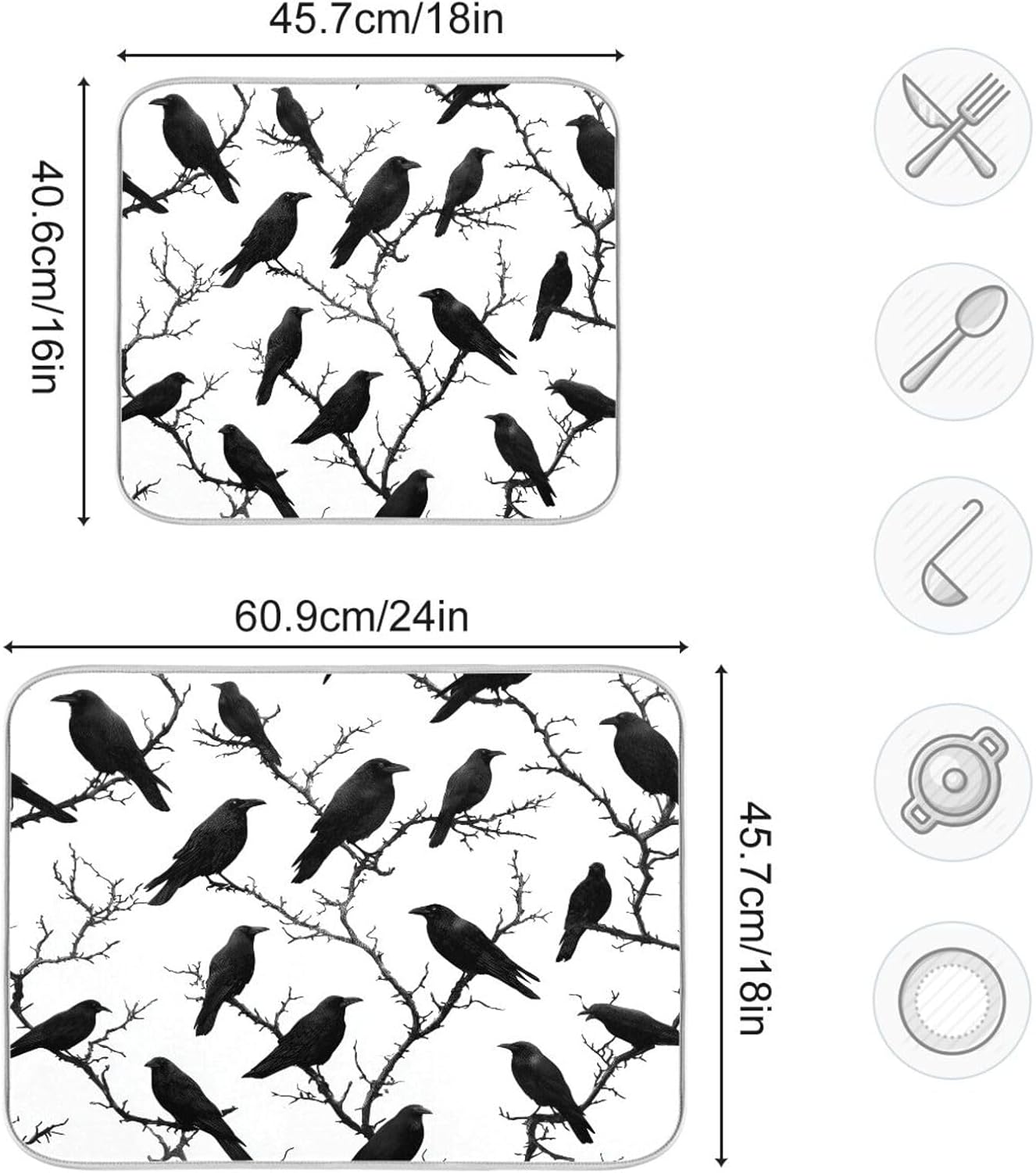 Crows Birds Perched on Branches Dish Drying Mat for Kitchen Counter Super Absorbent Dishes Pad Reversible Microfiber Protector Dish Draining Mats 16x18 inch