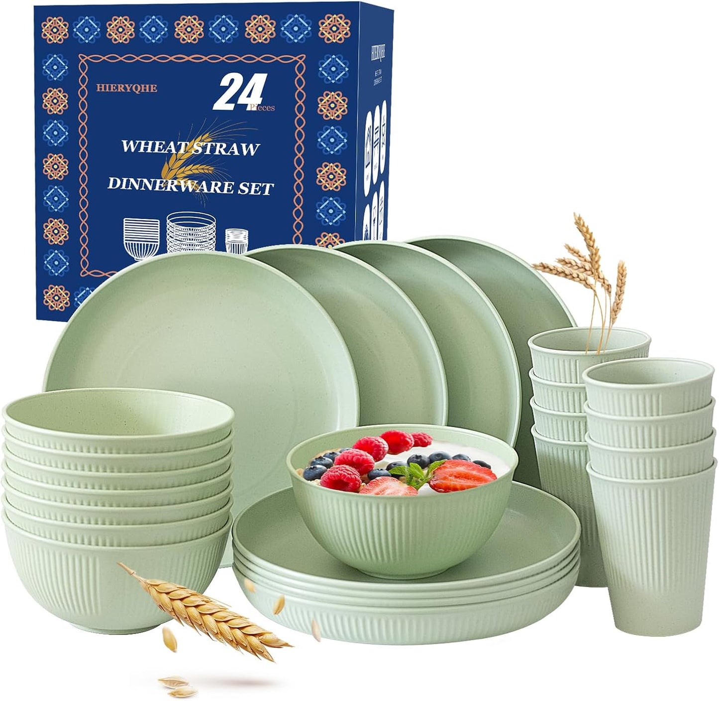 24pcs Wheat Straw Dinnerware Sets For 8, Unbreakable Plates and Bowls Wheat Straw Dinnerware Microwavable Cups Plates and Bowls Sets Shatterproof For Outdoor Kitchen Camping