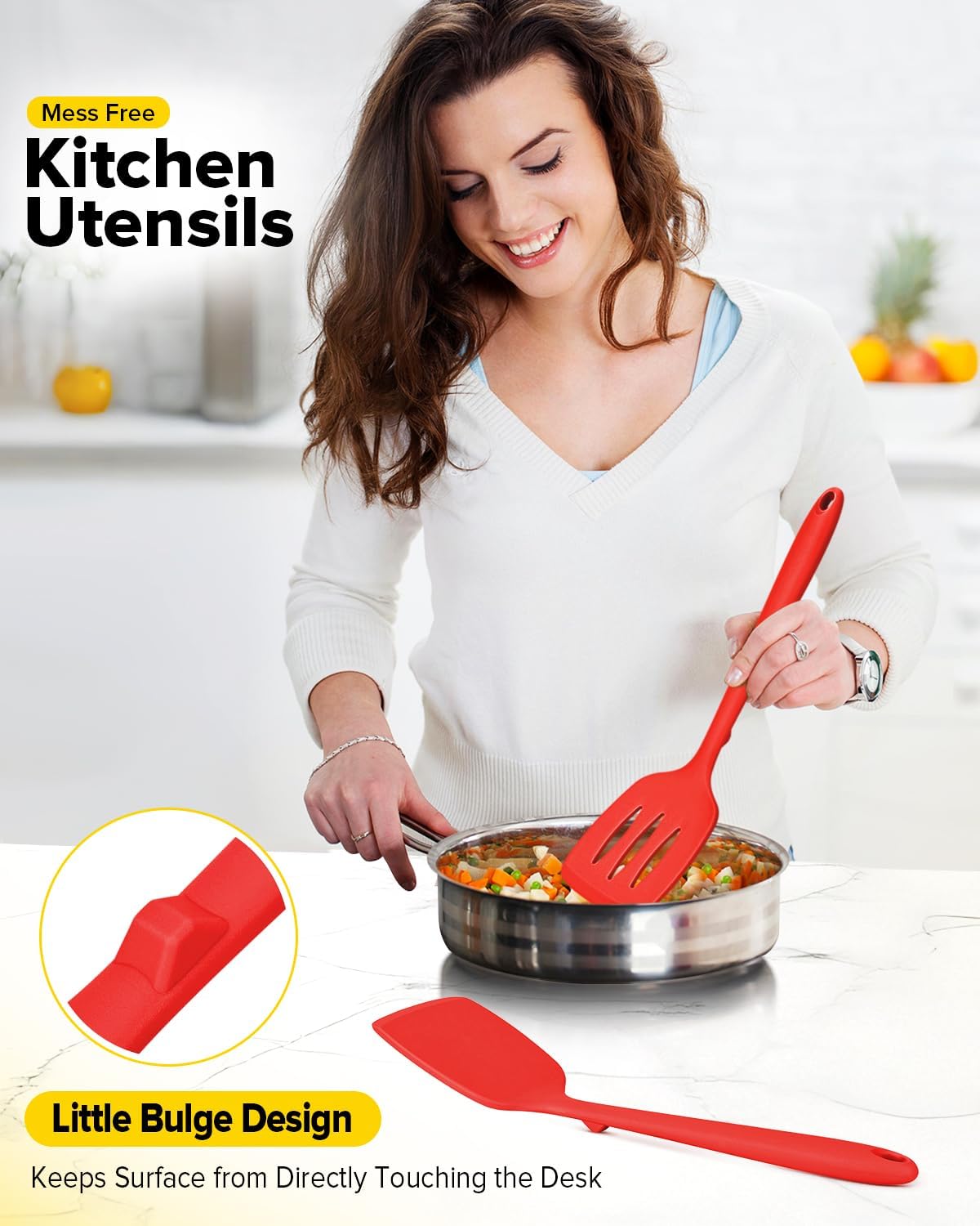 Pack of 2 Silicone Spatula Turners, Non Stick Slotted Kitchen Spatula Set, Heat Resistant BPA Free Kitchen Utensils, One-Piece Design, Suitable for Flipping Fish, Eggs, Steak, Pancakes (RED)