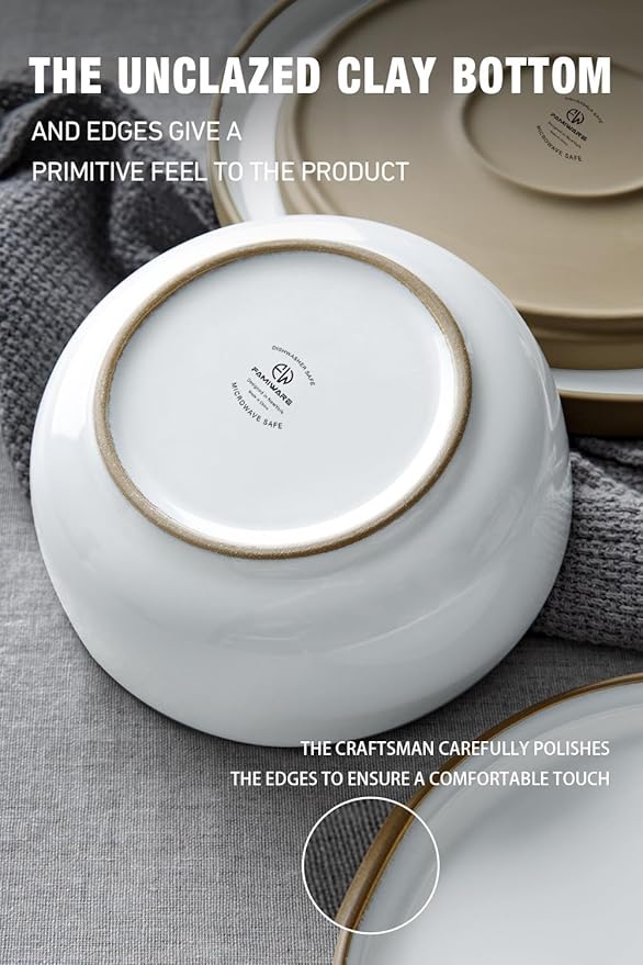 Famiware Nature Plates and Bowls Set, 18 Pieces Dinnerware Sets, Dishware Sets, Dishes Set for 6, Microwave and Dishwasher Safe, Snowy White