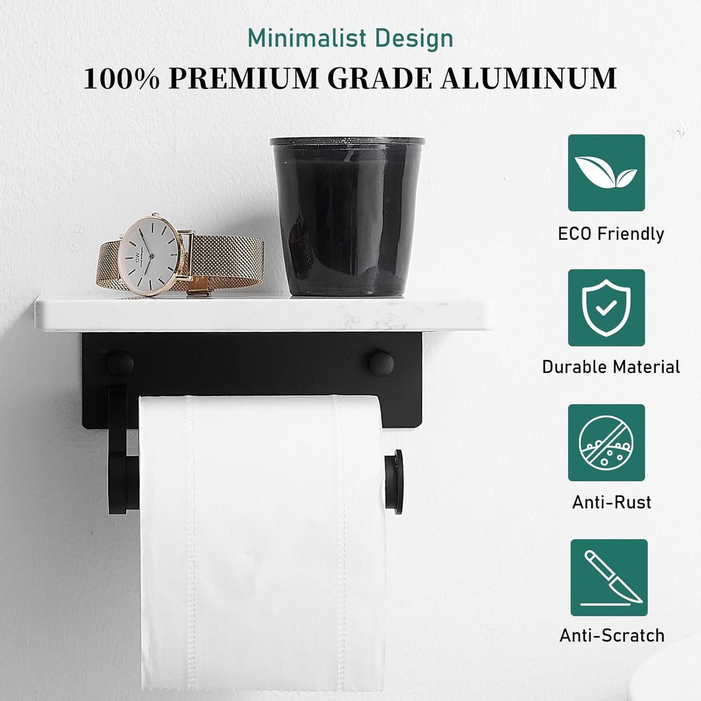 Hoimpro Matte Black Aluminum Toilet Paper Holder with White Natural Marble Shelf, Wall Mounted Tissue Hand Paper Roll Storage Holder for Bathroom Kitchen Washroom Bedroom