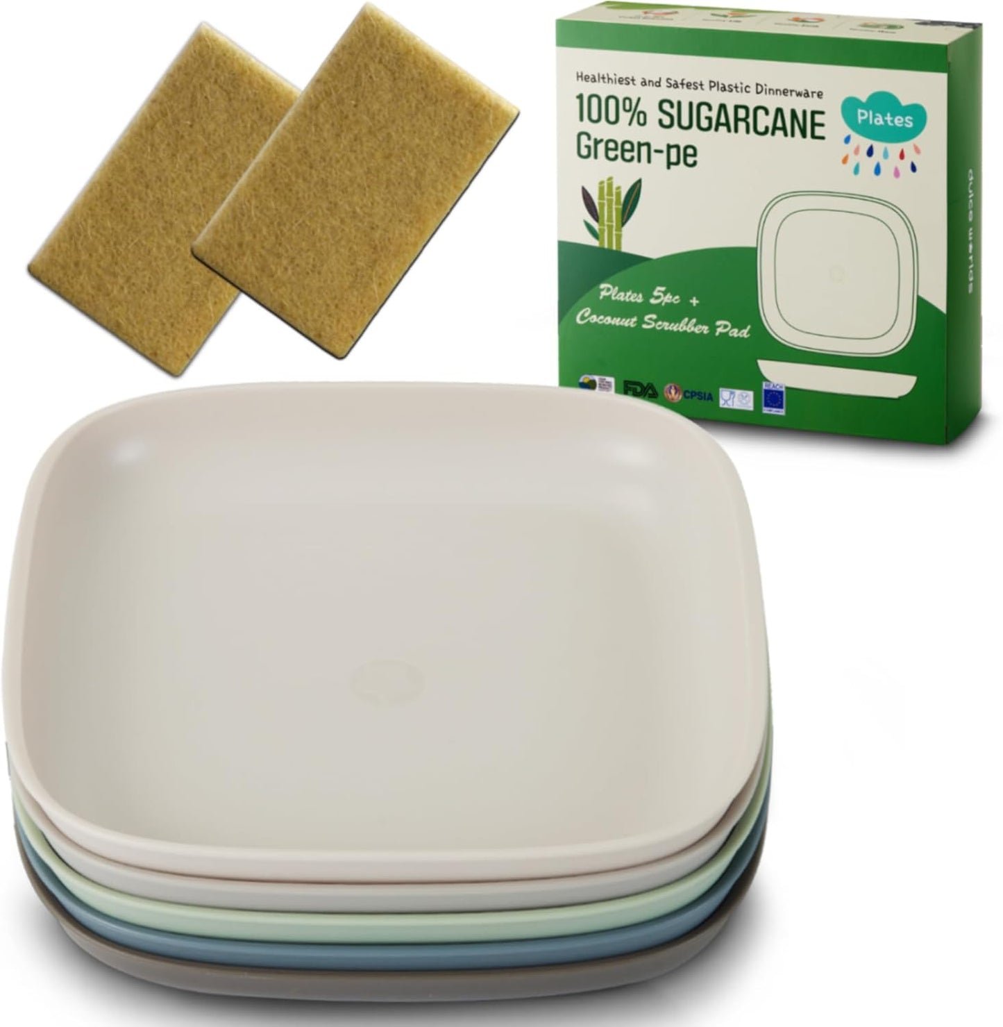 SUGARCANE Kids Plates 5Pack (7.9”) + Coconut Pad 2Pc- Organic Dishes for Toddler to Big Kids - USDA Certified – Microwaves & Dishwasher Safe – BPA Free, Unbreakable, Reusable - Gray Blue