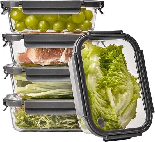 Glass Food Storage Containers with Lids, 5 Pack of 36oz, Glass Meal Prep Container with Airtight Lids, Microwave Safe Food Container Set, BPA Free, LeakProof, Ideal for Lunch