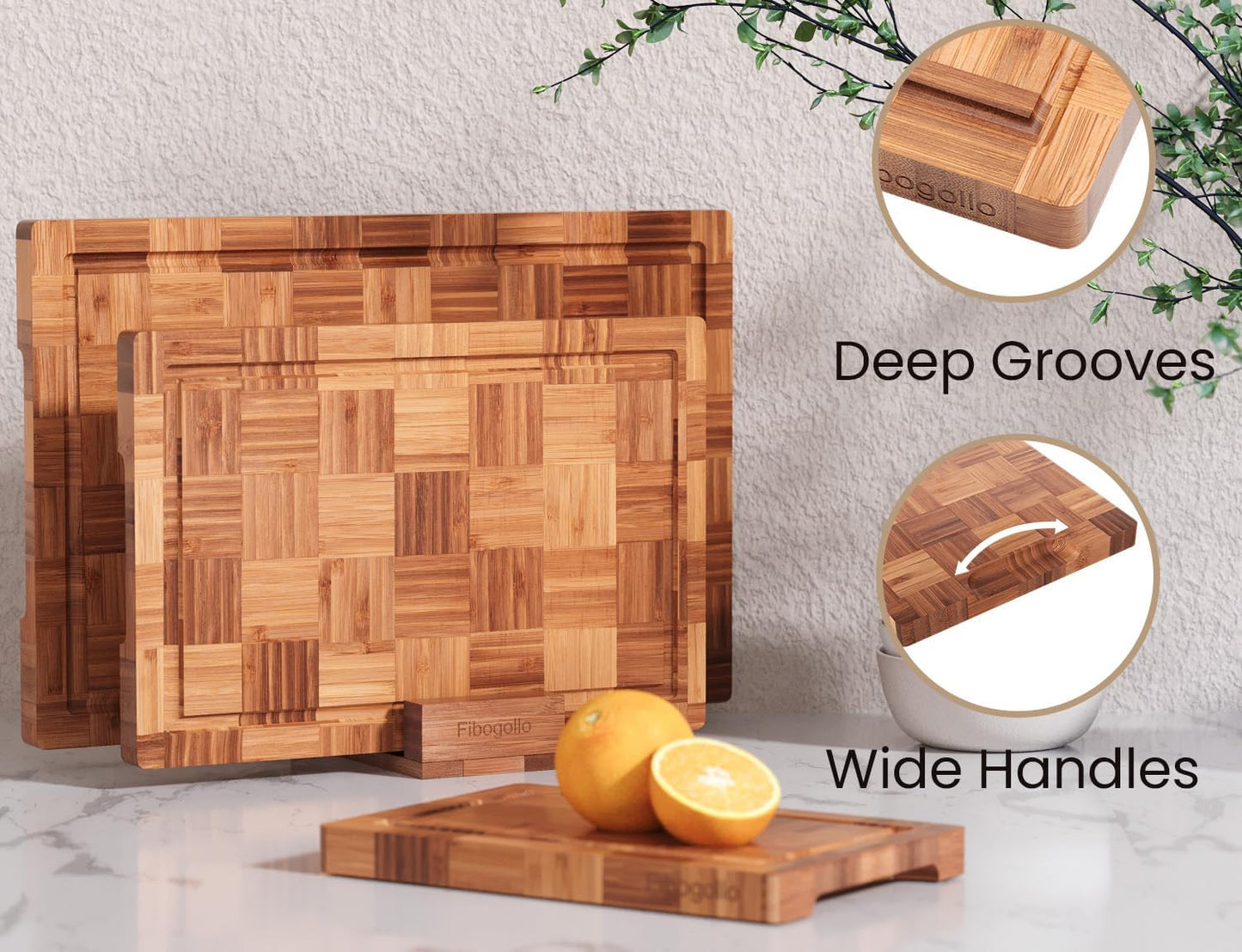 Bamboo Cutting Boards for Kitchen,Chopping Boards Set with Juice Groove,End Grain Bamboo Butcher Block,Serving Board with Holder(3 Pcs)