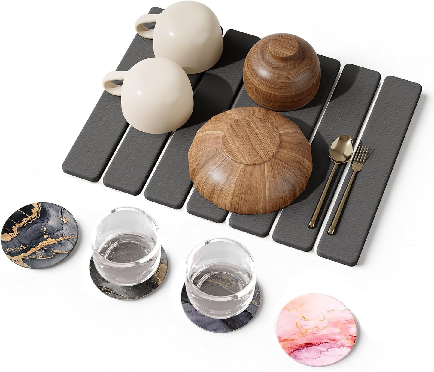 5 PCS 16" x 12" Stone Dish Drying Mat for Kitchen Counter, Quick Dry Stone Mat Diatomaceous Earth, Super Absorbent Drying rack for Dishes, Cups in Kitchen and Bathroom, Fits Any Countertop