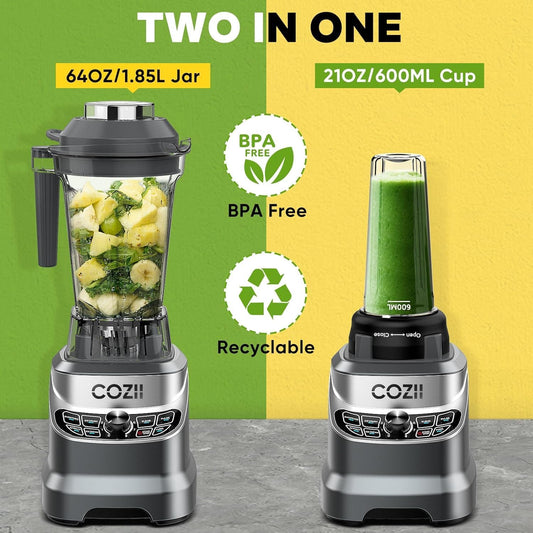 COZII Professional Blender 2000W, Smoothie Countertop Blenders for Kitchen, 64 Oz Pitcher/21-Oz To-go Cup, 7 Preset Programs for Ice Crush/Frozen Drinks/Dips/Nut Butter, High Speed, Dishwasher Safe