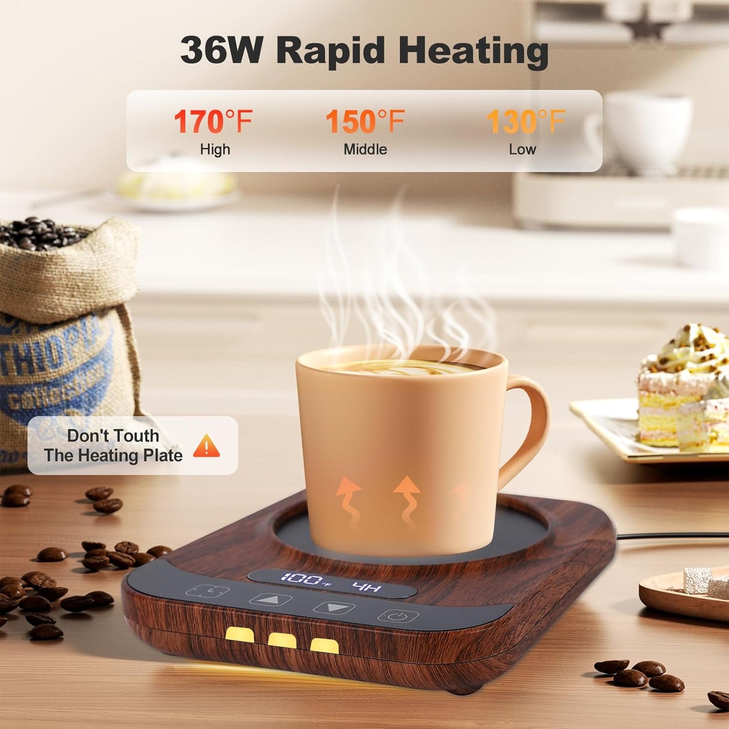 Coffee Mug Warmer for Desk with 9 Temperature Settings, Auto Shut Off, Digital Display, Smart Timing & Reservation, Electric Cup Warmer for Office, Home, Tea, Milk & Beverage Heating (Wood Grain)