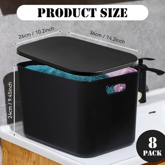 Hoolerry 8 Pieces Colorful Storage Bins with Lid, Plastic Storage Basket Organizing Container Stackable Box with Handle for Shelves Desktop Playroom Office(14.2 x 10.2 x 9.5 Inch,Black)