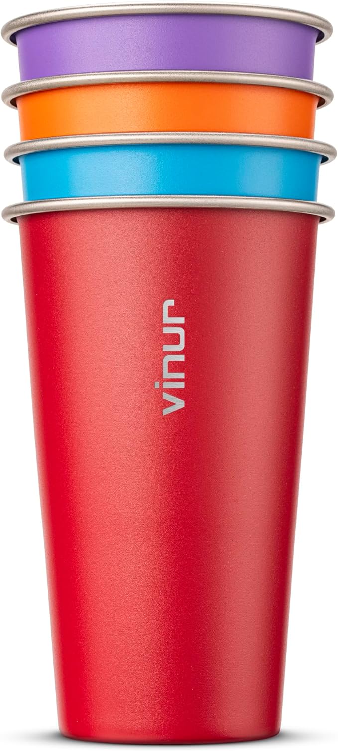 VINUR 20 oz Stainless Steel Cups 4 Pack Pint Tumbler Stackable Metal Drinking Glasses for Travel, Camping, Outdoors (Purple-Orange-Sky Blue-Canyon Red)