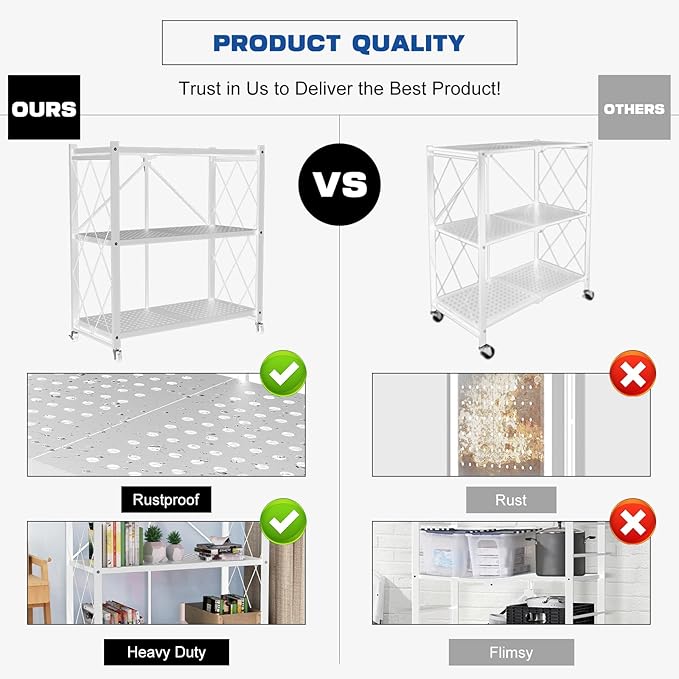 Lifetime Home 3-Tier Foldable Storage Shelf with Wheels - Metal Rack Collapsible Shelving Unit Display, Rolling Cart for Books Kitchen Storage Shelves, Pantry & Closet Organizer, Office Room Decor