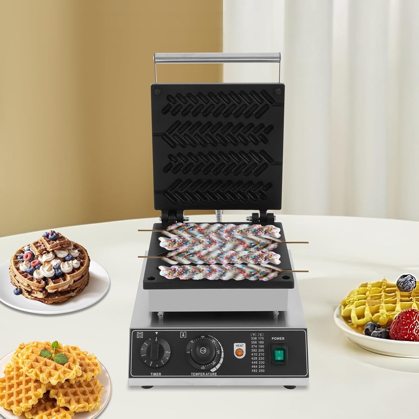 1700W Commercial Waffle Maker, 4 Grids Electric Wheat-stalk Waffle Maker Non-Stick Stainless Steel Belgian Waffle Iron w/Time & Temper Adjustable| Whisk|Food Clip, Large Waffle Machine for Restaurant
