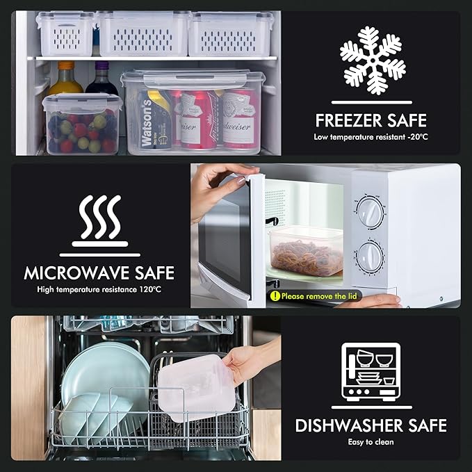 HOTEC 5-Pack Large Fruit Storage Container for Fridge Leak proof with Removable Colander, BPA Free Dishwasher & microwave safe Largest 4.15L